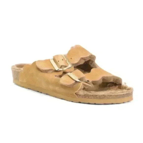 Genuins Faux Fur Lined Double Band Suede Slippers